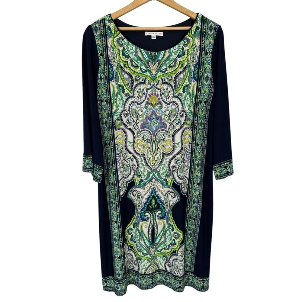 Sandra Darren 3/4 Sleeve Shift Dress Sz 14 Navy Multicolour Floral Paisley EUC